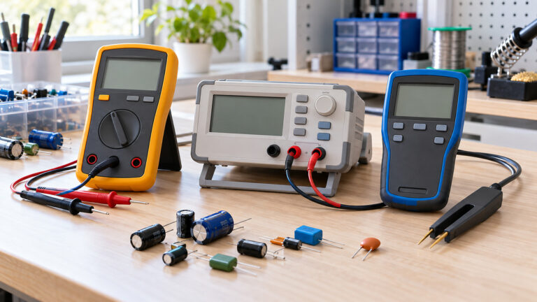 Generic capacitance meters and multimeters arranged with safely discharged capacitors.