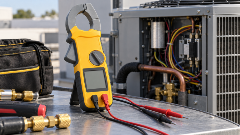 Generic HVAC clamp meter beside a service unit