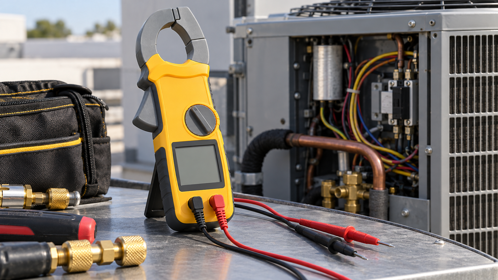 Generic HVAC clamp meter beside a service unit