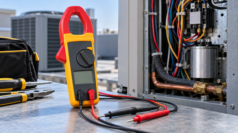 Generic HVAC clamp meter beside an air conditioning service panel