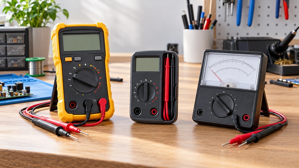 Three generic voltmeter styles arranged for comparison on a bright workbench.