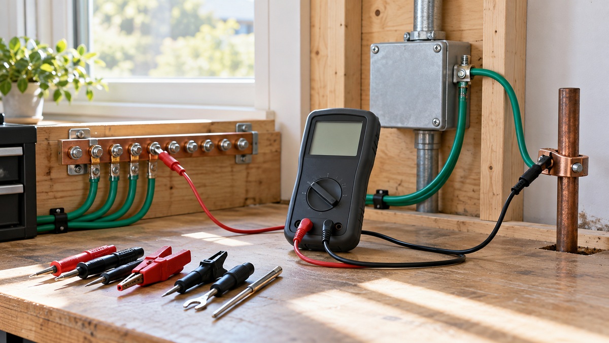 Ground continuity test setup with a generic meter, grounding bar, and copper clamp.