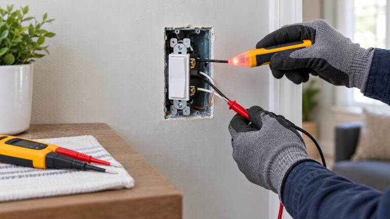 Gloved hands safely testing an open wall switch with generic voltage testers.