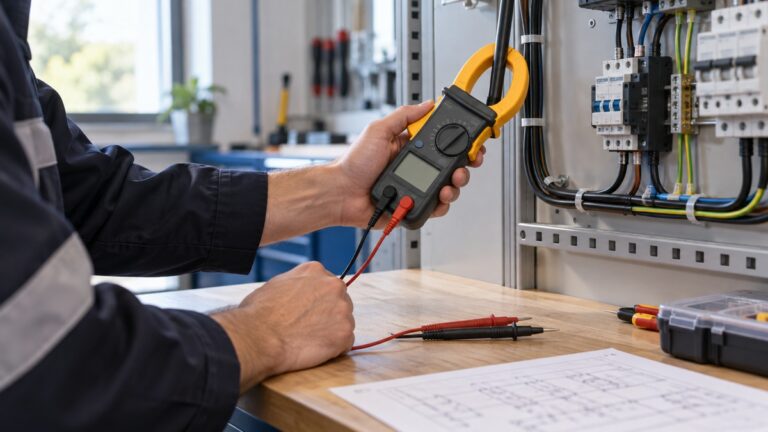 A technician using a generic digital clamp meter at an electrical training bench.