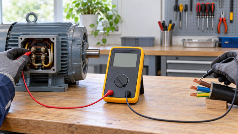 Gloved hands using a generic insulation resistance tester on a motor and cable sample.