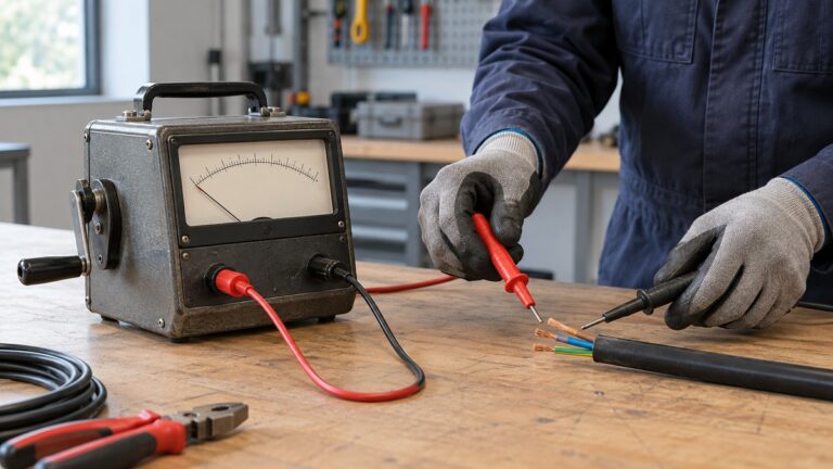 A technician demonstrates a generic hand-crank insulation resistance tester on a disconnected cable.