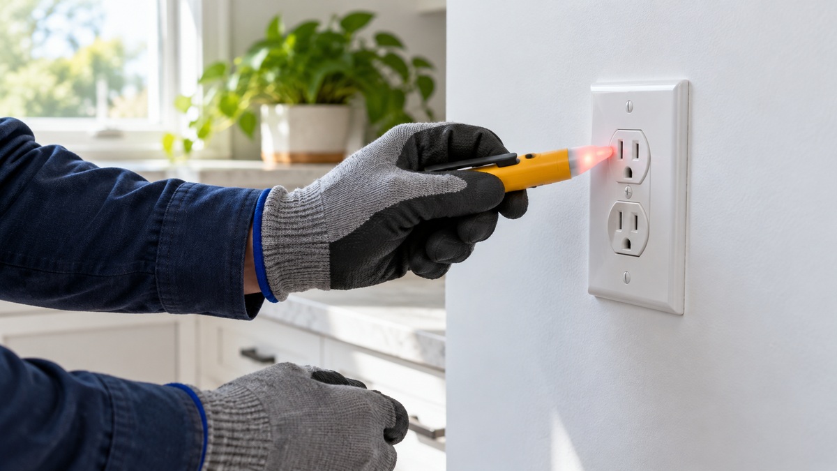 Gloved hands safely demonstrating a generic non-contact voltage detector near a wall outlet.