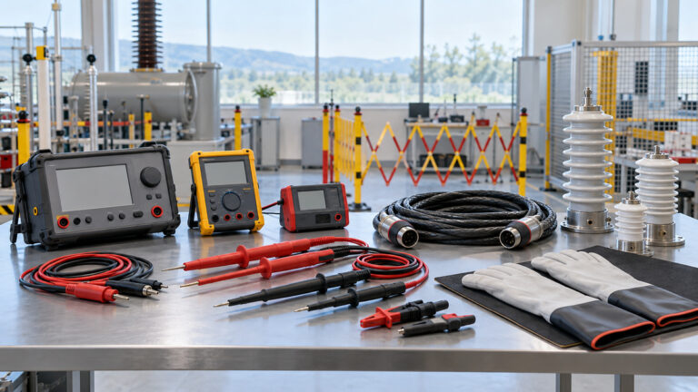 Generic high-voltage insulation testing tools arranged with insulated probes and ceramic insulators.