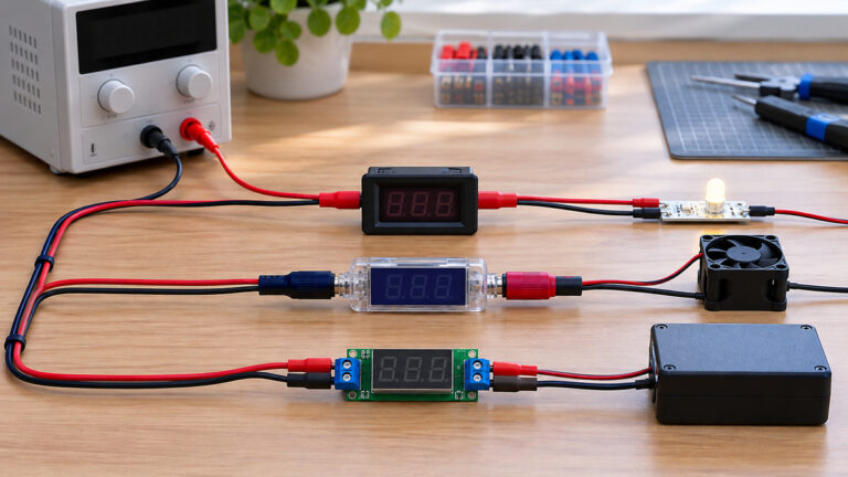 Generic inline voltmeter modules in organized low-voltage test setups.
