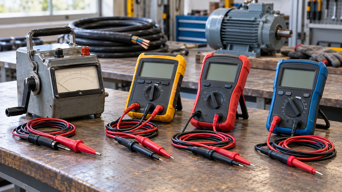 Generic insulation resistance testers and leads arranged on an electrical maintenance bench.