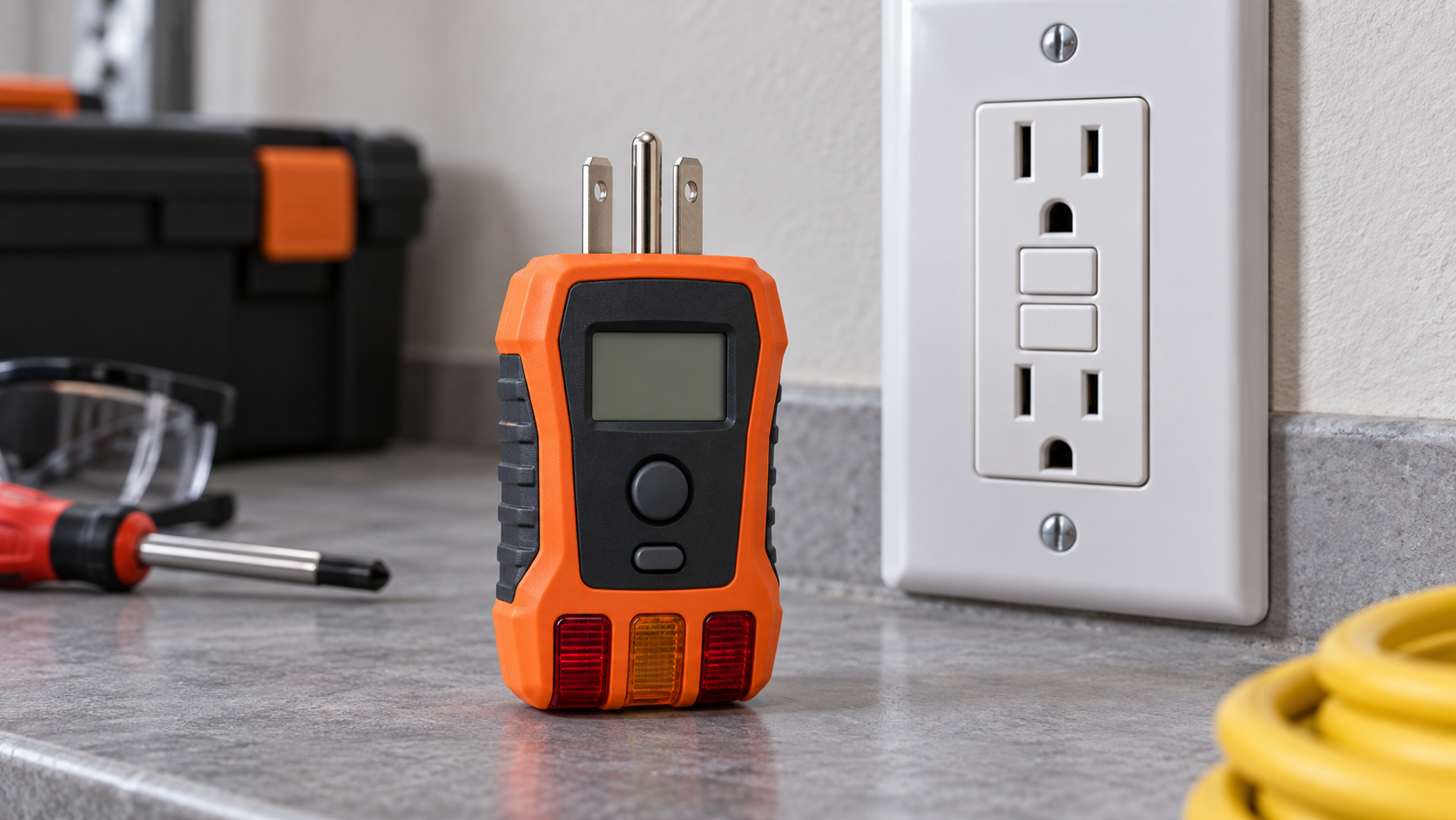 Generic electrical receptacle tester beside a GFCI outlet