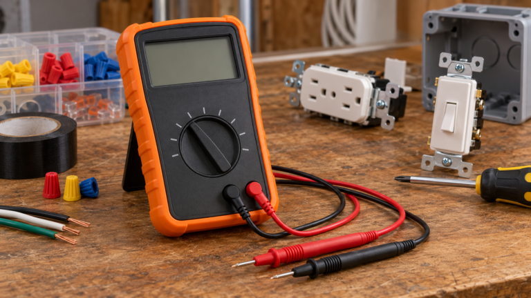 Generic digital multimeter on an electrician workbench