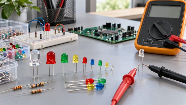 Generic meter probes testing an LED among components on an electronics bench.