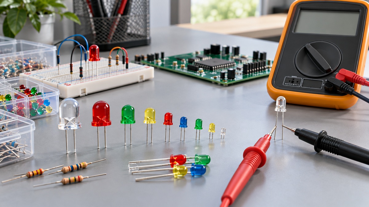 Generic meter probes testing an LED among components on an electronics bench.