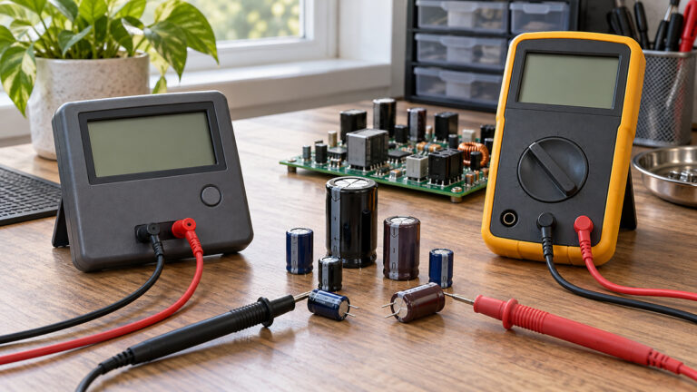 Generic ESR meter and multimeter arranged with capacitors on a repair bench.