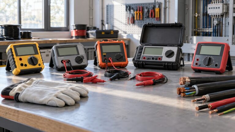 Several generic insulation resistance testers with leads cable samples and safety gloves.