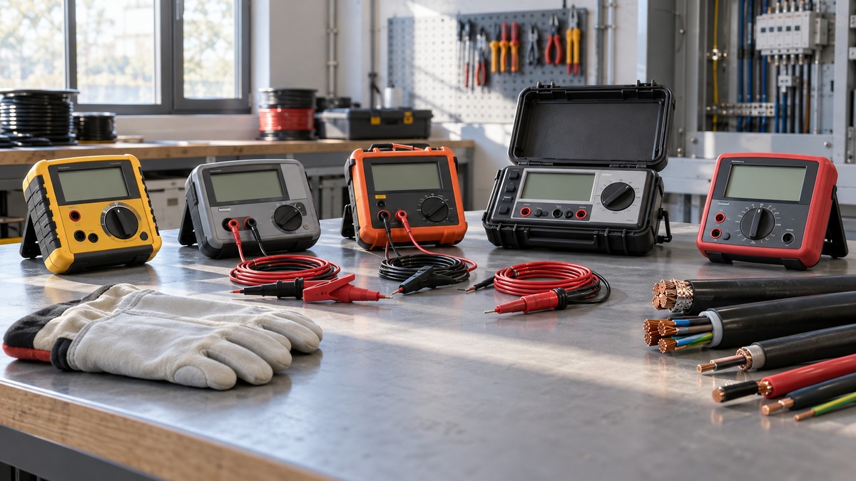 Several generic insulation resistance testers with leads cable samples and safety gloves.