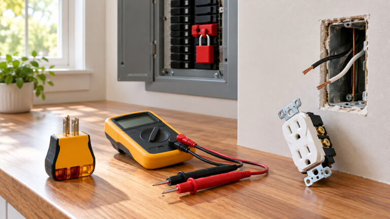 Generic electrical testers beside an isolated open wall receptacle and locked breaker panel.