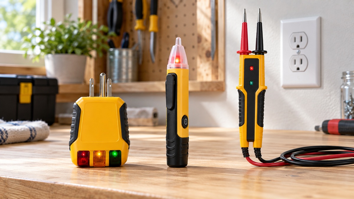 Three generic outlet testing devices compared on a bright home workshop bench.