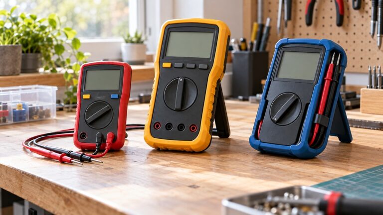 Three generic portable voltmeters with varied cases and probe storage.