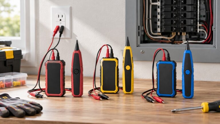 Generic power wire tracer transmitter and receiver kits arranged in an electrician workspace.