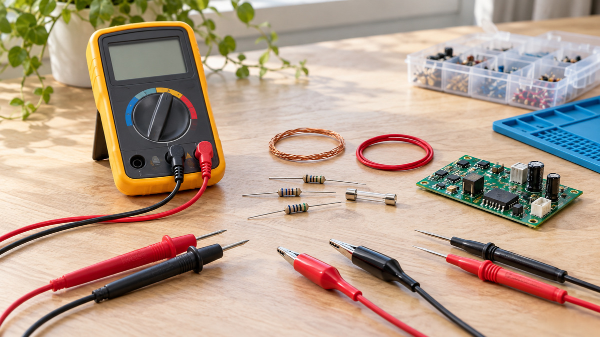 A generic multimeter setup for resistance and continuity tests with components and probes.