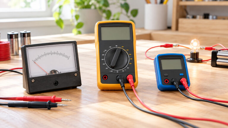 Basic analog and digital voltmeters arranged on a bright beginner-friendly workbench.