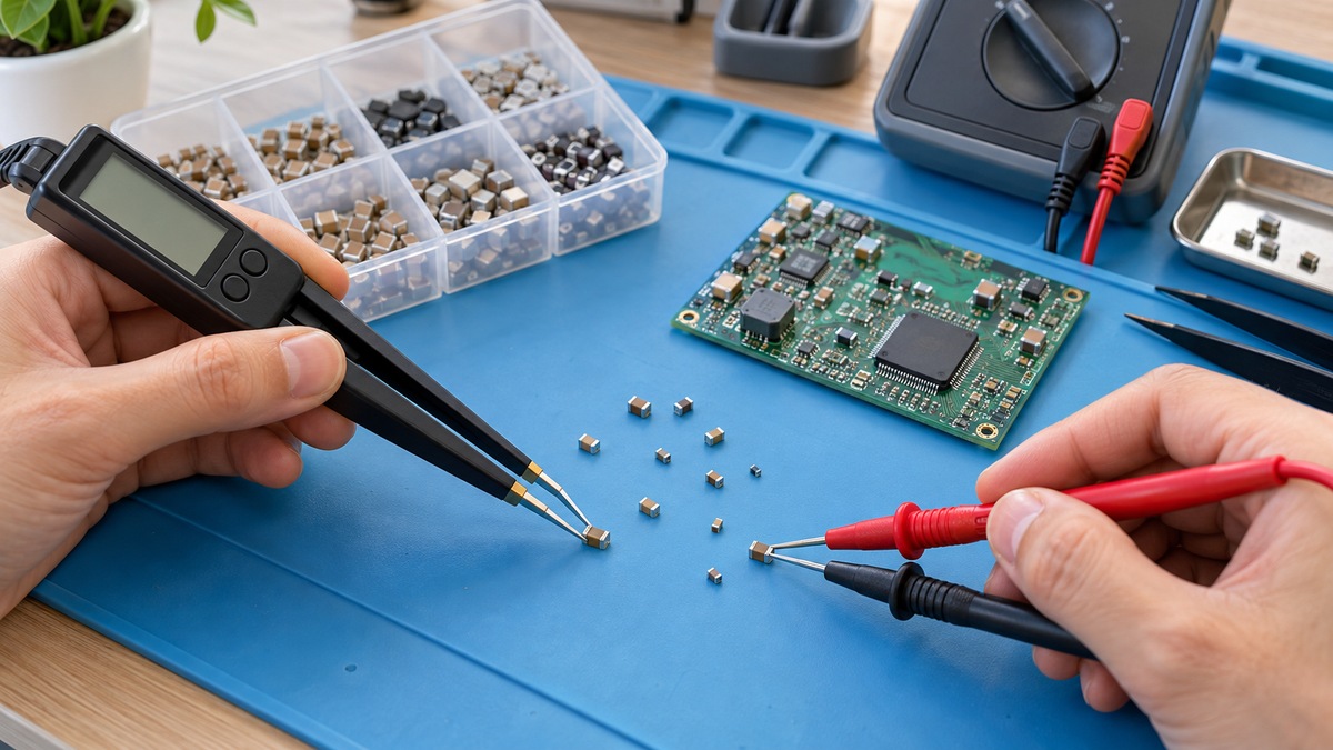 Tweezer meter and fine probes testing small SMD capacitors on an electronics mat.