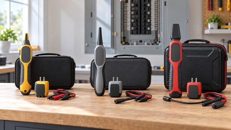 Three generic circuit breaker finder kits compared on a bright workbench.