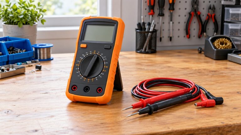 A black and orange handheld digital multimeter with its test leads coiled beside it on a desk.