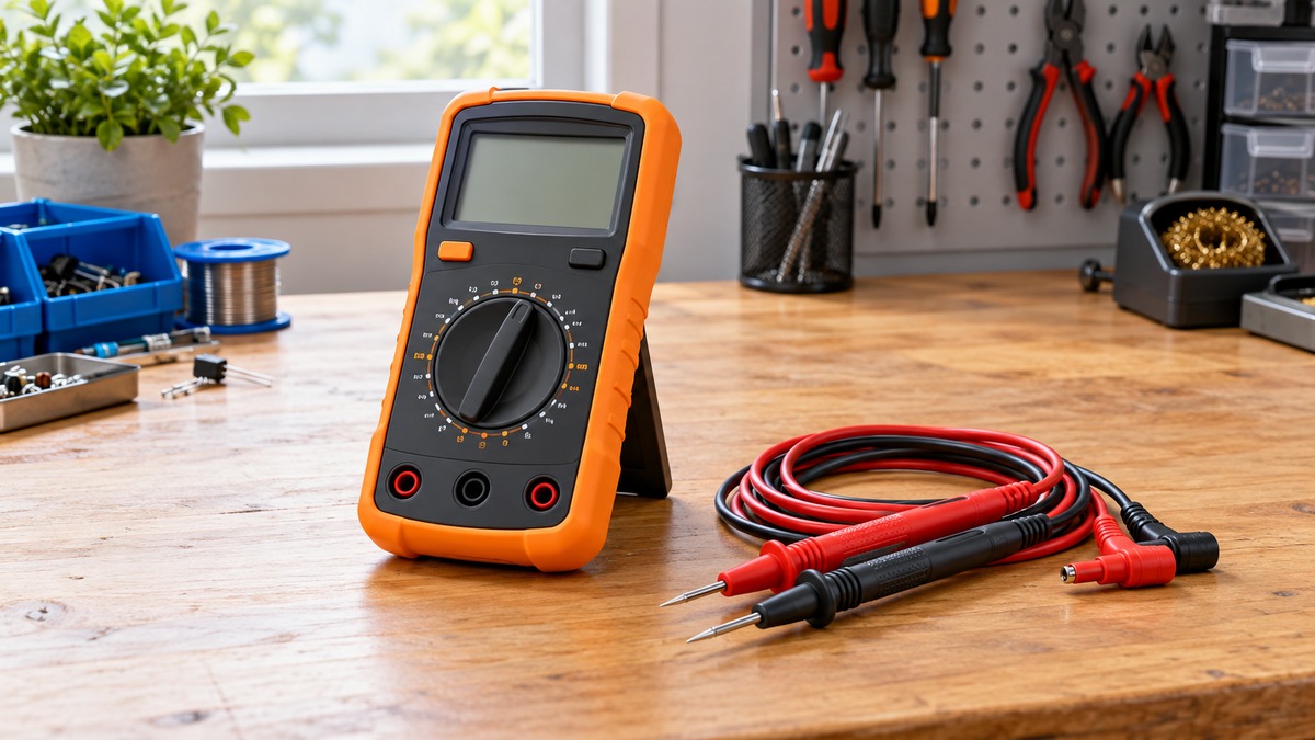 A black and orange handheld digital multimeter with its test leads coiled beside it on a desk.