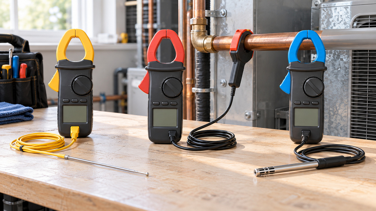 Three generic clamp meters compared with pipe air and thermocouple temperature probes.