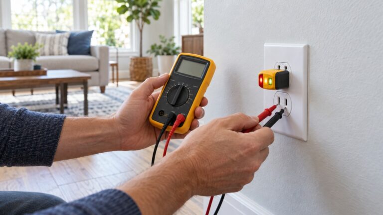Hands checking a household outlet with a generic outlet tester and multimeter.