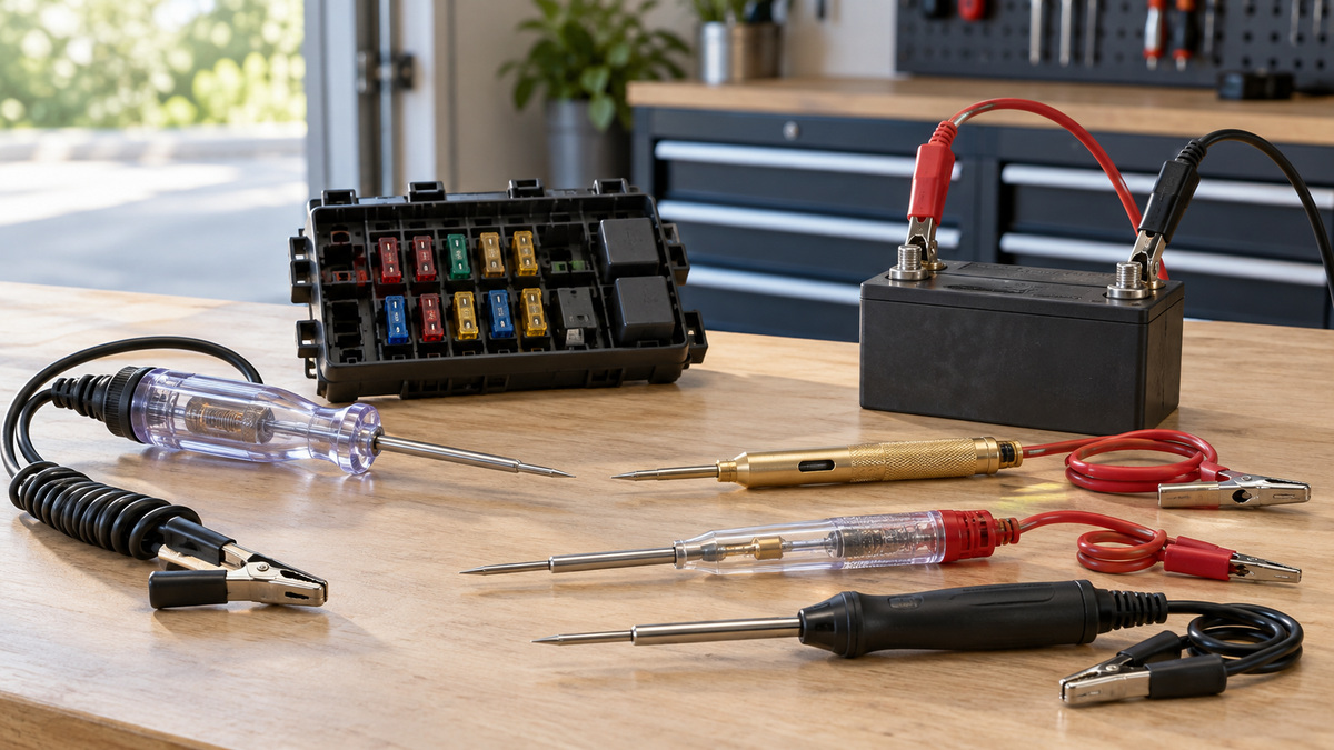 Generic automotive circuit test lamps arranged beside a fuse panel and training battery.
