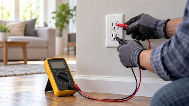 Gloved hands safely test an intact wall outlet with insulated multimeter probes.