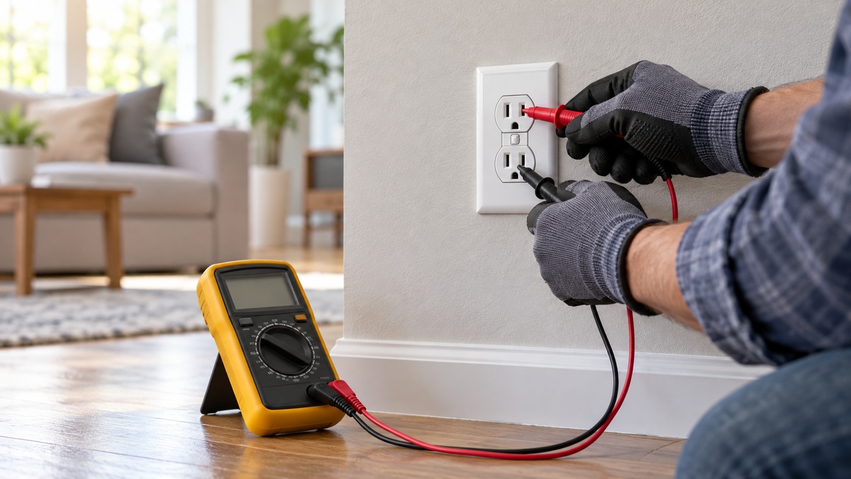 Gloved hands safely test an intact wall outlet with insulated multimeter probes.