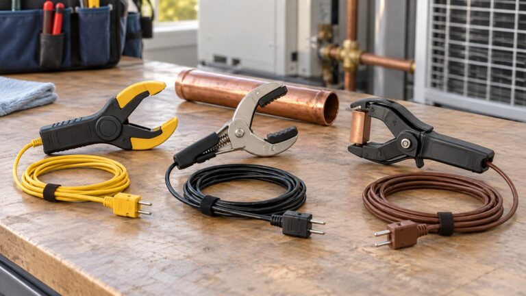 Generic temperature clamp probes arranged beside copper pipe on an HVAC bench.