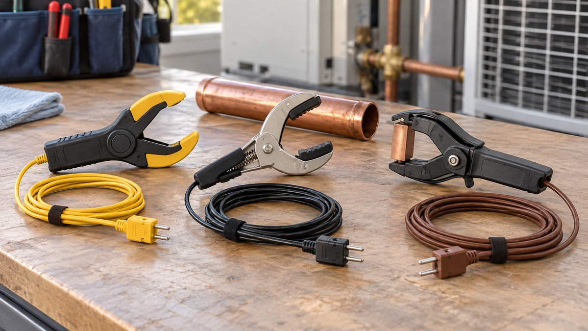 Generic temperature clamp probes arranged beside copper pipe on an HVAC bench.
