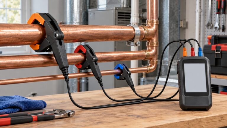 Generic pipe temperature clamp probes attached to copper HVAC pipes for comparison.
