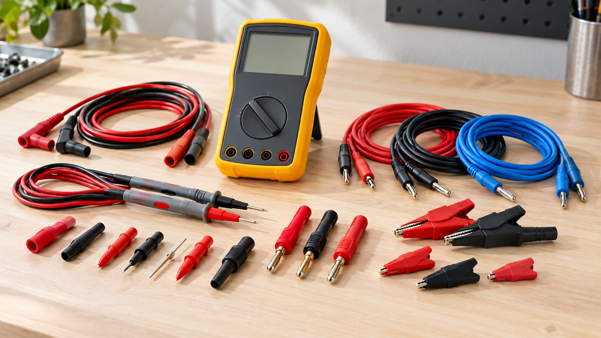 Assorted generic voltmeter cables probes clips and connectors arranged for comparison.
