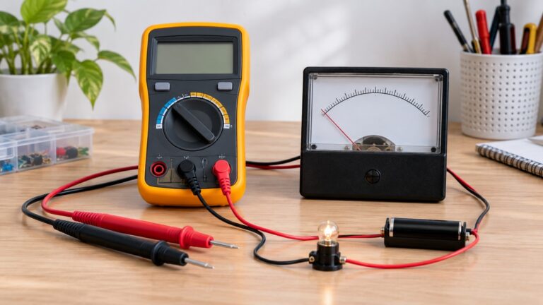 Digital and analog voltmeters beside a simple low-voltage test circuit.