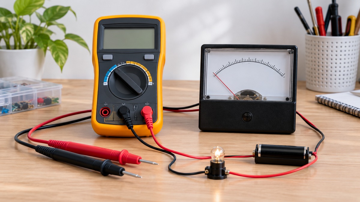 Digital and analog voltmeters beside a simple low-voltage test circuit.