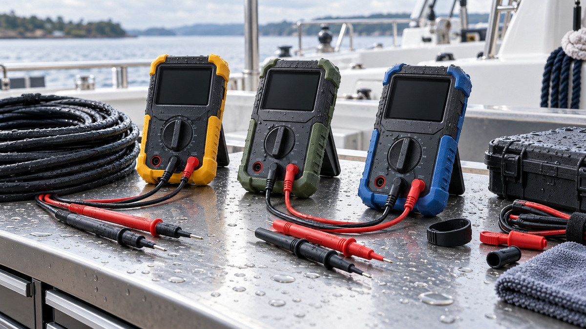 Three generic waterproof voltmeters with sealed leads on a wet marine workbench.