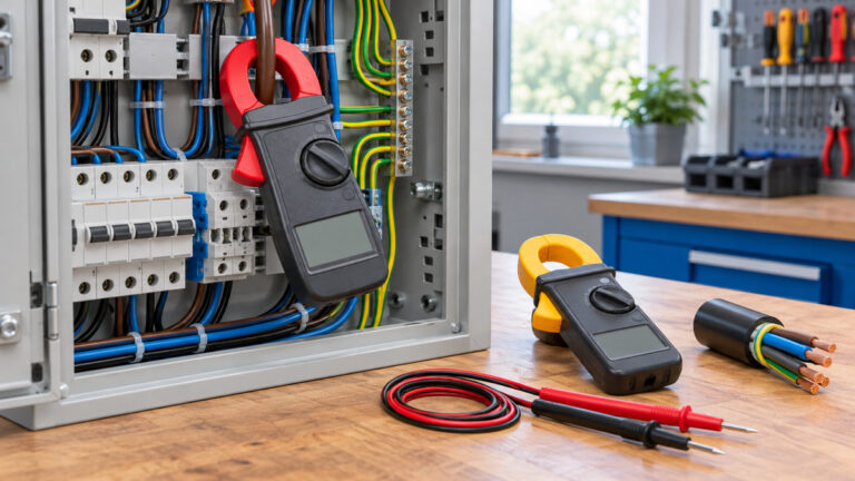 A generic clamp ammeter measuring a single conductor in an electrical training panel.