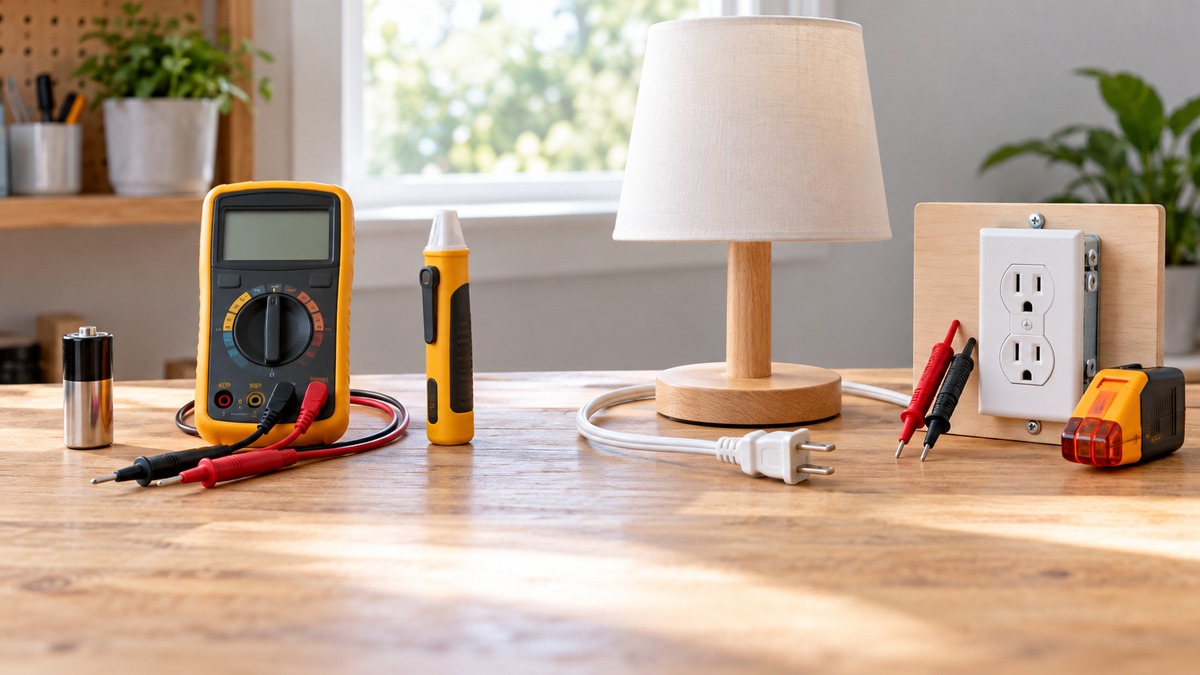 Generic voltage measuring tools beside a battery lamp cord and outlet test board.
