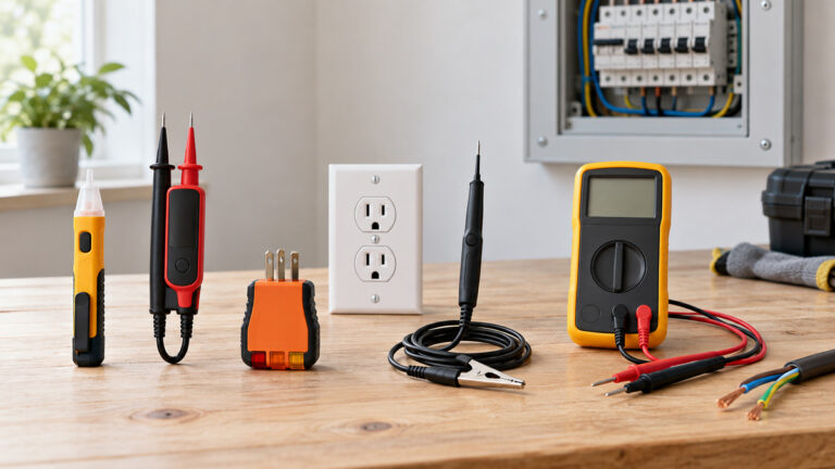 Several generic circuit testers arranged with outlet and wiring samples on a clean bench.