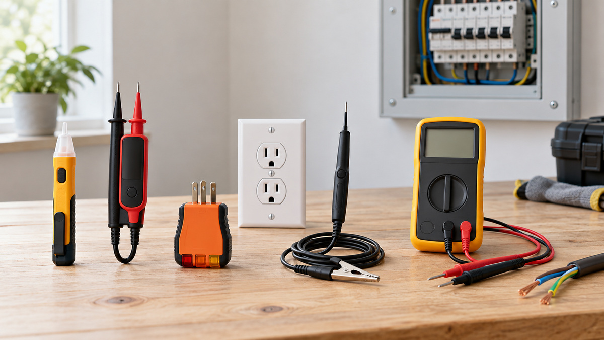 Several generic circuit testers arranged with outlet and wiring samples on a clean bench.