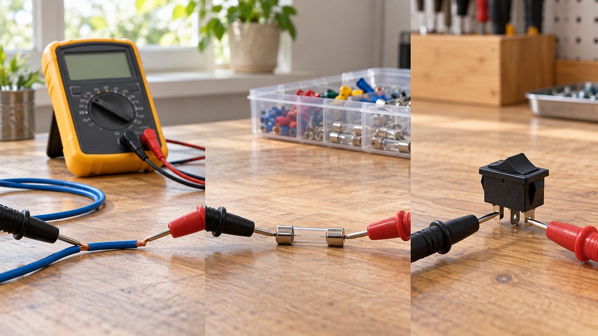 A generic continuity tester checks a fuse, wire, and switch on a tidy workbench.