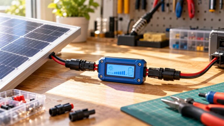 A small blue digital watt meter with a backlit display connected to a solar panel lead, shown on a sunny workbench.