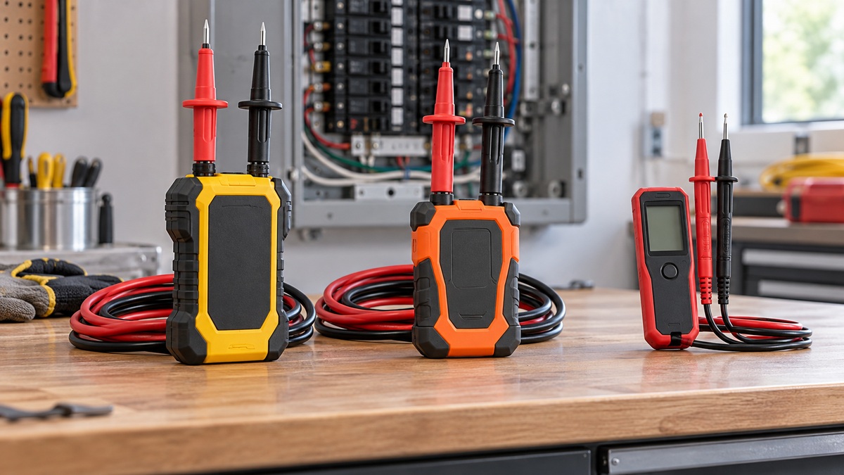 Generic rugged solenoid voltage testers and insulated probes on an electrical workbench.